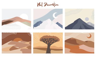 Set of aesthetic modern natural abstract landscape background with mountain, dessert, sky, sun and hiil. Minimalist boho poster cover template. Design for print, postcard, wallpaper, wall art