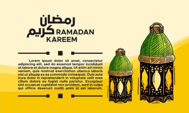 Ramazan Kareem Mübarek İllüstrasyon vektörü grafiği. El Çizimi Skeç tarzında dizayn feneri, İslami Kutsal Ay için mükemmel pankart, sosyal medya kartı, tebrik kartı