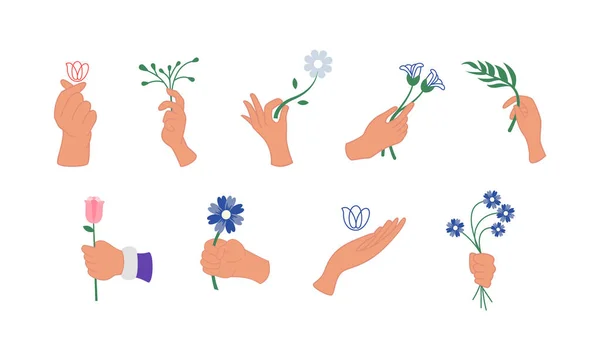 Conjunto Ilustração Mãos Segurando Coleção Elemento Flor Mãos Segurar Rosas — Vetor de Stock