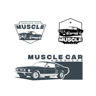 Beyaz arka planda izole edilmiş Amerikan kaslı araba vektör logosu seti. 60 'ların klasik araba illüstrasyonu