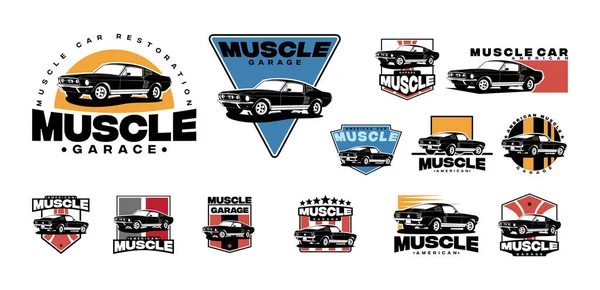 stock vector Set of American muscle car vector logo isolated on white background. 60s classic car illustration