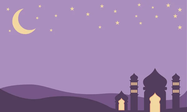 美しいベクター イラスト ラマダン カリーム 神聖な月イスラム教ごちそうグリーティング カード夜 ランタン モスクと フラット着地ページ スタイル — ストックベクタ