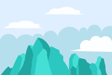 Çizgi film dağ manzaralarının çizimleri. Poster, kart, afiş ve el ilanları için tasarım elemanı. Vektör illüstrasyonu