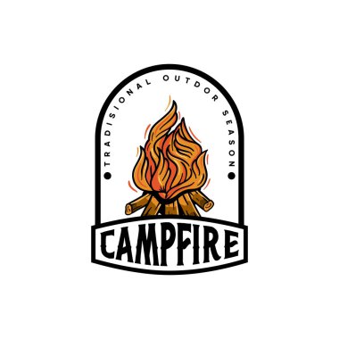 Kamp ateşi logosu el çizimi tarzında, spor kampı, kamp ateşi, amblem kampı, hobi. Ateşli klasik kamp tabelası.