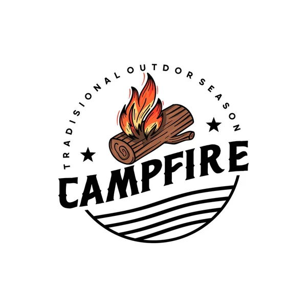 手描きのスタイル スポーツキャンプ キャンプファイヤー エンブレムキャンプ 趣味とキャンプファイヤーのロゴデザイン 火災とヴィンテージのキャンプサイン — ストックベクタ
