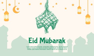 Bayram Mübarek tebrik kartı elle çizilmiş ketupat, sosyal medya posta şablonu ve afişi için uygun