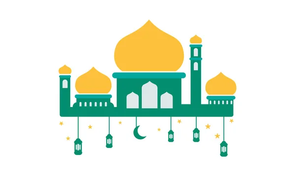 Eid Mubarak Cartão Saudação Com Paisagem Plana Ilustração Silhueta Mesquita —  Vetores de Stock