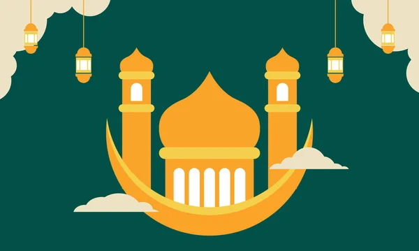 Eid Mubarak Wenskaart Met Platte Landschap Illustratie Van Moskee Silhouet — Stockvector