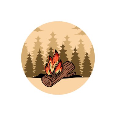 Kamp ateşi logosu el çizimi tarzında, spor kampı, kamp ateşi, amblem kampı, hobi. Ateşli klasik kamp tabelası.