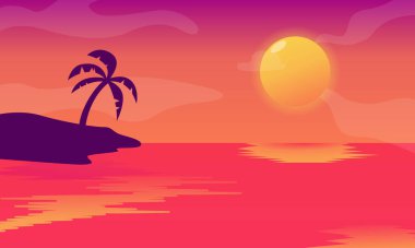 Gün batımı ya da gün doğumu Panoramik plaj manzaralı vektör çizimi, deniz plajı ve güneş, okyanus doğuşu, palmiyeler