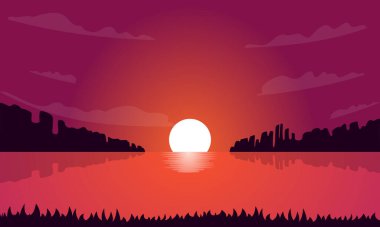 Gün batımı ya da gün doğumu Panoramik plaj manzaralı vektör çizimi, deniz plajı ve güneş, okyanus doğuşu, palmiyeler