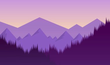 Dağ ya da tepe manzaraları düz bir şekilde. Doğal duvar kağıtları. Gün doğumu, eğimli puslu arazi, Gökyüzü vektör çizimi