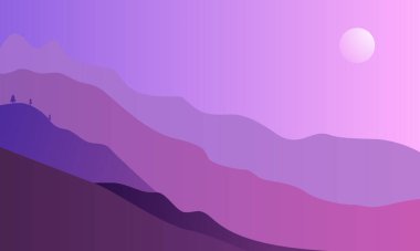 Dağ ya da tepe manzaraları düz bir şekilde. Doğal duvar kağıtları. Gün doğumu, eğimli puslu arazi, Gökyüzü vektör çizimi