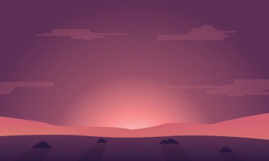 Dağ ya da tepe manzaraları düz bir şekilde. Doğal duvar kağıtları. Gün doğumu, eğimli puslu arazi, Gökyüzü vektör çizimi