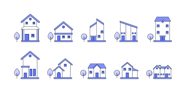 Zestaw Koncepcji Biznesu Nieruchomości Domów Zestaw Domów Miejskich Podmiejskich Ilustracja — Wektor stockowy