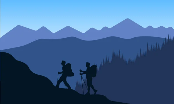 Paysages Montagne Dans Style Plat Avec Randonneur Silhouette Fonds Écran — Image vectorielle