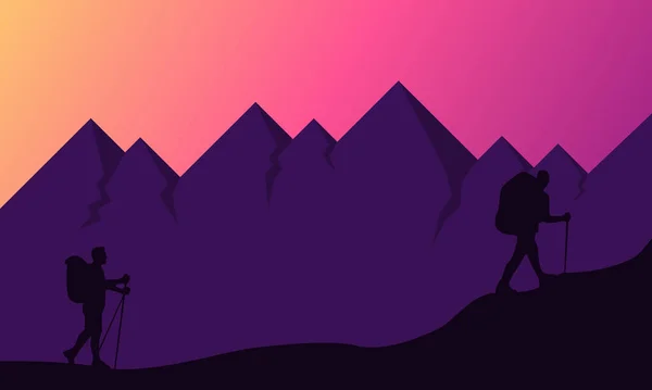 Paysages Montagne Dans Style Plat Avec Randonneur Silhouette Fonds Écran — Image vectorielle