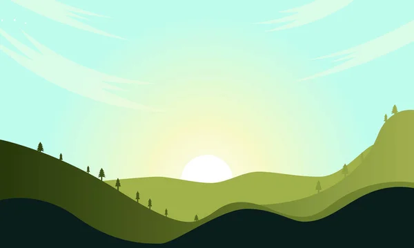 平らなスタイルで山や丘の風景です 天然の壁紙だ 日の出 斜面と霧の地形 澄んだ空のベクトル図 — ストックベクタ