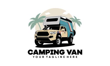 Karavan, klasik logo, vektör illüstrasyonu. Çatı üstü çizim logosu olan karavan kamyonu.