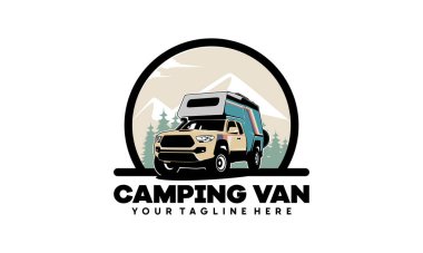 Karavan minibüsü klasik logo taşıyıcı illüstrasyonu, çatısı çadırlı kamp kamyonu ve çam ağacı illüstrasyon logosu vektörü.