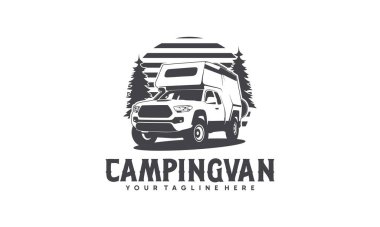 Karavan minibüsü klasik logo taşıyıcı illüstrasyonu, çatısı çadırlı kamp kamyonu ve çam ağacı illüstrasyon logosu vektörü.