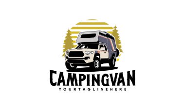 Karavan minibüsü klasik logo taşıyıcı illüstrasyonu, çatısı çadırlı kamp kamyonu ve çam ağacı illüstrasyon logosu vektörü.