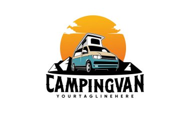 Karavan minibüsü klasik logo taşıyıcı illüstrasyonu, açılır pencereli karavan - çatı üstü çizim logosu tasarımı