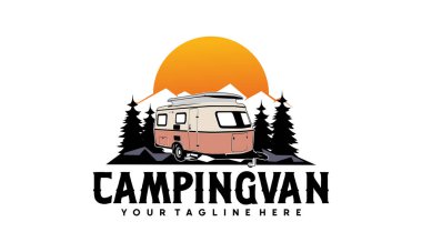 Karavan karavanı klasik logo taşıyıcı çizimi, Güneş ve çam ormanlı karavan için mükemmel.