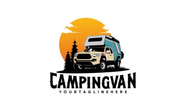 Karavan karavanı klasik logo taşıyıcı illüstrasyonu, çatı üstü çadırlı kamp kamyonu ve güneş illüstrasyon logosu vektörü