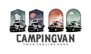 Karavan karavanı klasik logo vektör çizimi seti, karavan ve karavan kiralama ile ilgili iş için mükemmel