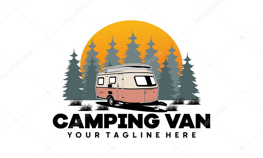RV camper van classic style logo vector illustration, Perfect for RV with Sun and pine forest
