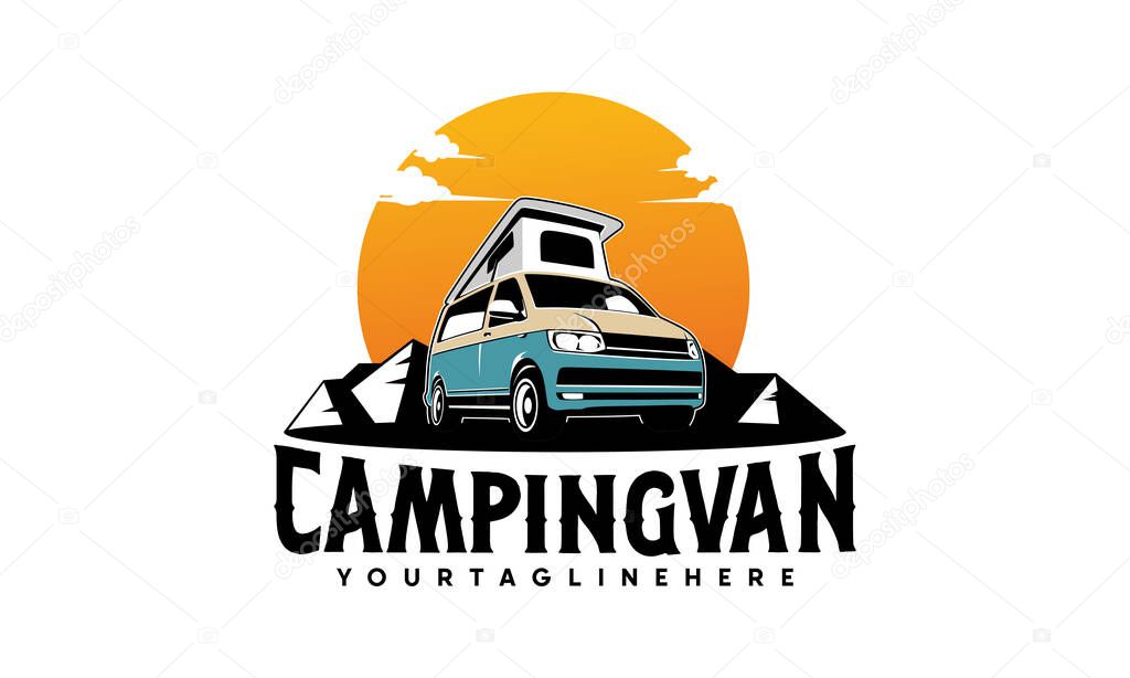 RV camper van classic style logo vector illustration, camper van with pop up - roof top tent illustration logo design