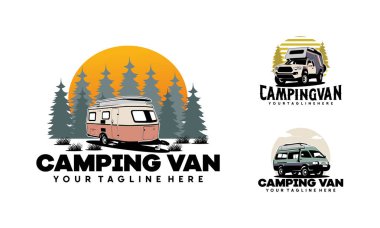 Karavan karavanı klasik logo vektör çizimi seti, çam ormanlı karavan için mükemmel.