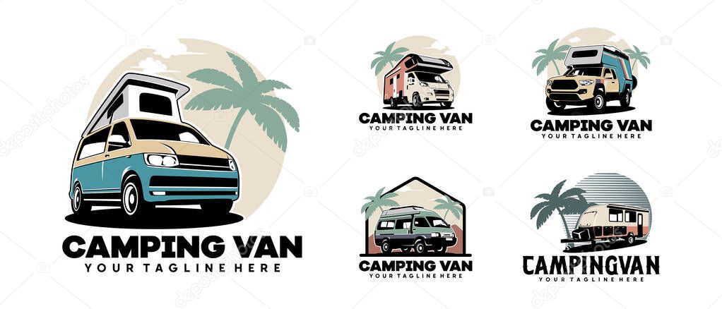 Set of RV camper van classic style logo vector illustration, Perfect for RV with Palm tree, Summer theme