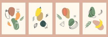 Pastel renkli posterler içinde soyut bir yaşam. Çağdaş sanat koleksiyonu. Soyut unsurlar, sosyal medya için meyveler, kartpostallar, baskılar. mango, karpuz, muz,