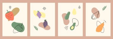 Pastel renkli posterler içinde soyut bir yaşam. Çağdaş sanat koleksiyonu. Soyut unsurlar, sosyal medya için meyveler, kartpostallar, baskılar. Çilek, üzüm, avokado, pawpaw