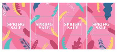 Metin için kopyalama alanı olan soyut arkaplan kümesi - parlak afişler, posterler, kapak tasarımı şablonları, tropikal yapraklı sosyal medya hikayeleri ve bitkiler