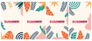 Metin için kopyalama alanı olan soyut arkaplan kümesi - parlak afişler, posterler, kapak tasarımı şablonları, tropikal yapraklı sosyal medya hikayeleri ve bitkiler