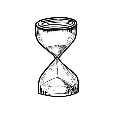 Kum saati. Beyaz arkaplanda izole edilmiş siyah-beyaz el çizimi vektör çizimi, Kum saati kabartma vektör çizimi.