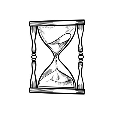Kum saati. Beyaz arkaplanda izole edilmiş siyah-beyaz el çizimi vektör çizimi, Kum saati kabartma vektör çizimi.