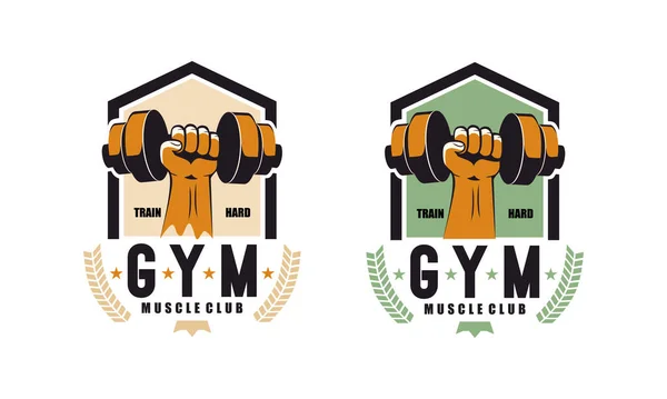 Gym, fitness logo or label. Sport, bodybuilding concept. Gym fitness sport emblems and logos vector set with barbells dumbbells and muscle arm