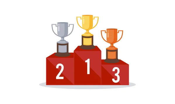 Переможці Подіум Чашками Призи Чемпіонів Золоті Срібні Бронзові Чашки Векторні — стоковий вектор