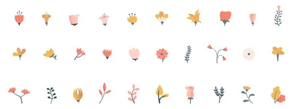 Klasik Şirin Çiçek Seti Renkli Çiçek Demeti Elementleriyle Yeşillik Koleksiyonu — Stok Vektör