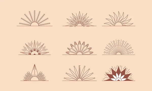線形Bohoアイコンとシンボルのベクトルセット 太陽のロゴデザインテンプレート ソーシャルメディアの投稿 職人のジュエリーのための現代的なミニマリストスタイルで装飾のための抽象的なデザイン要素 — ストックベクタ