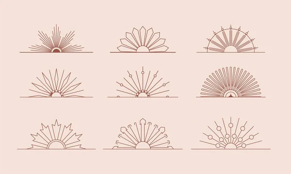 線形Bohoアイコンとシンボルのベクトルセット 太陽のロゴデザインテンプレート ソーシャルメディアの投稿 職人のジュエリーのための現代的なミニマリストスタイルで装飾のための抽象的なデザイン要素 — ストックベクタ