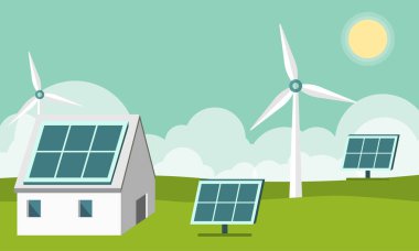 Yenilenebilir kaynaklardan gelen temiz elektrik enerjisinin vektör çizimi. Güneş ve rüzgar. Şehrin ufuk çizgisi kentsel manzara üzerinde güneş panelleri ve rüzgar türbinleri olan elektrik santrali binaları.