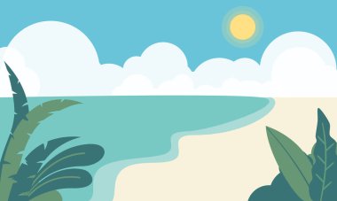 Sahilin tropikal manzarası güzel deniz kıyısı sahili güzel güneşli gün düz vektör çizimi, manzaranın yaratıcı arka planı, deniz ve plajın manzarası. Yaz indirimi, posta şablonu