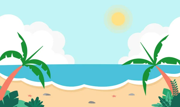 海滨热带风景秀丽的海滨沙滩上阳光明媚的日间平面矢量图解 富有创意的景观背景 海景与沙滩全景 夏季销售 张贴模板 — 图库矢量图片