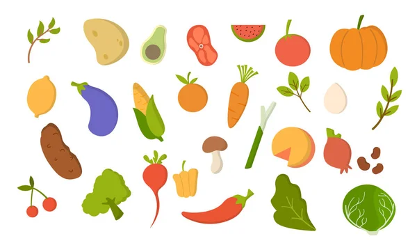 Gesundes Essen Set Gemüse Obst Milch Pilze Und Fisch Natürliche — Stockvektor
