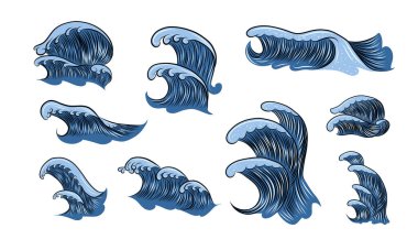 El çizimi deniz dalgaları. Klasik karikatür okyanus gelgit dalgaları beyaz zemin üzerinde yalıtılmış sörf ve deniz manzarası, vektör illüstrasyonu